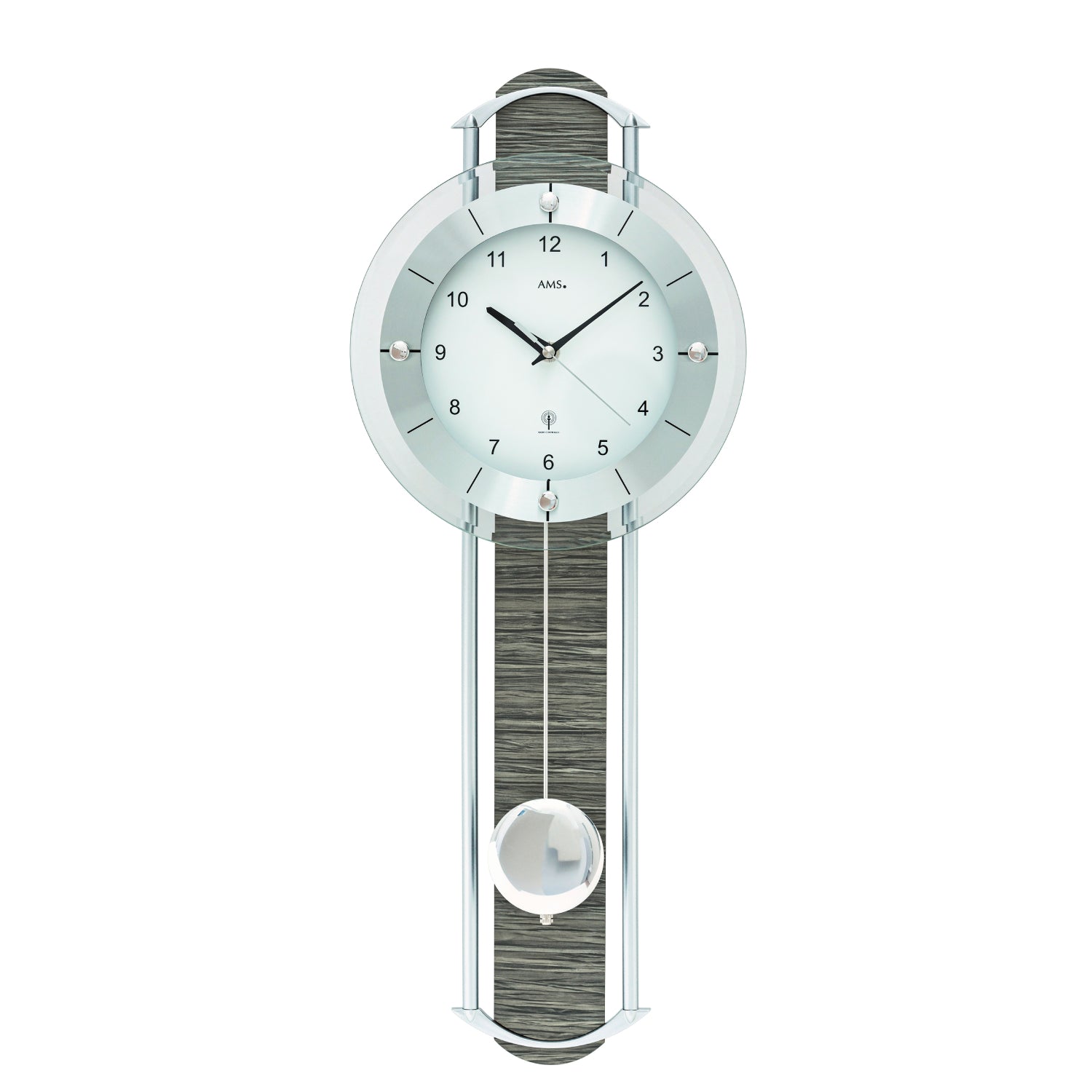 Horloge murale avec cadran rond en verre et mouvement à pendule, cadre en métal, pendule grise