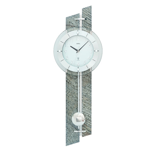Horloge murale avec cadran rond en verre, pendule et socle en pierre