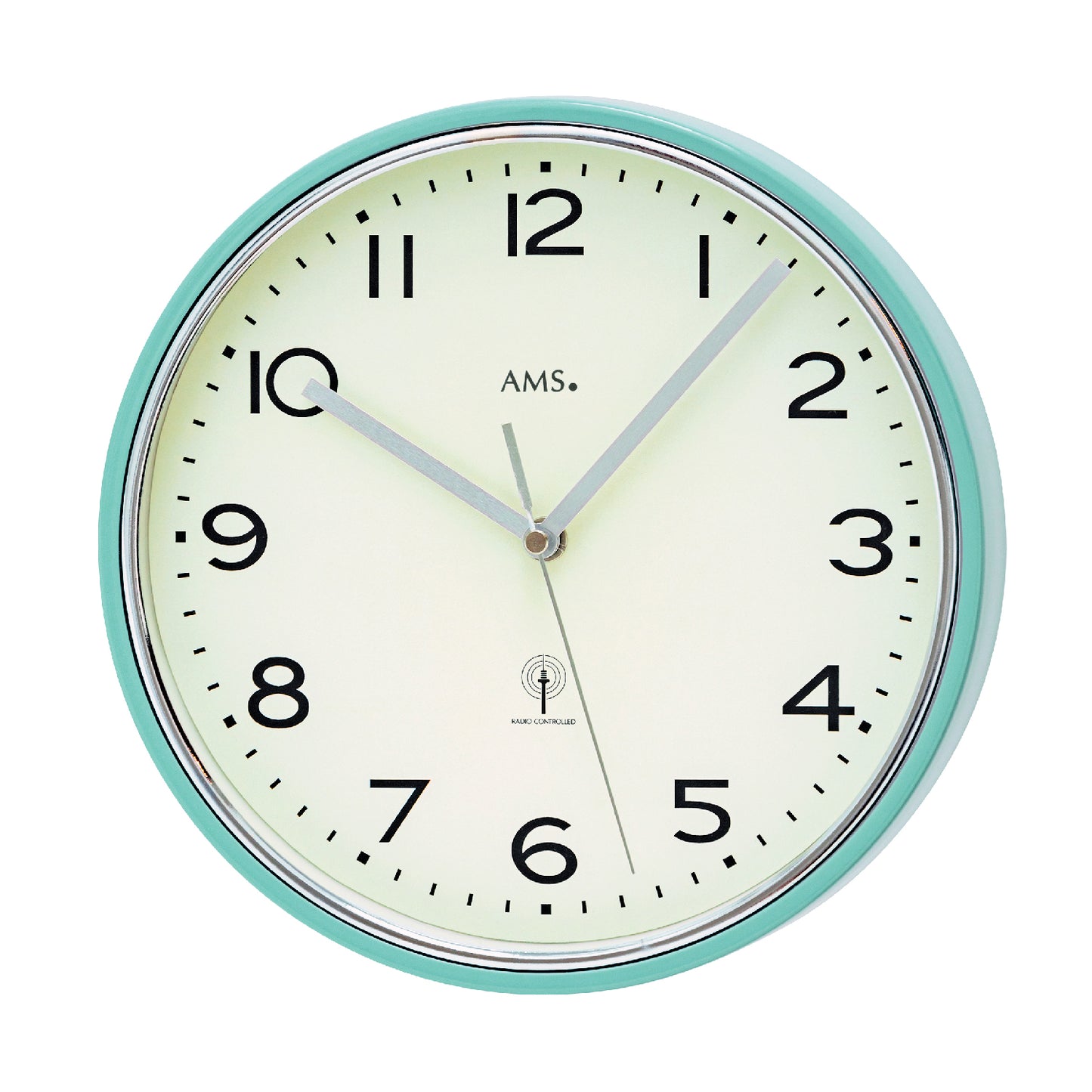 Horloge murale ronde avec cadre turquoise, cadran crème et aiguilles noires, AMS