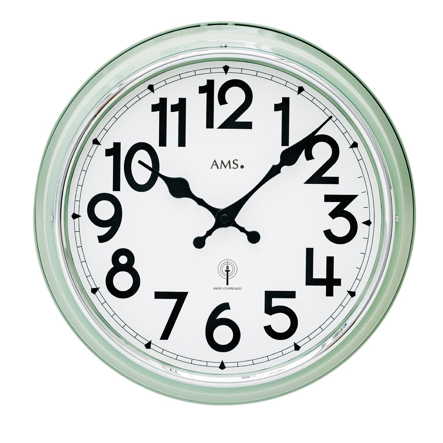 Horloge murale ronde avec cadre couleur menthe, lunette argentée, aiguilles noires