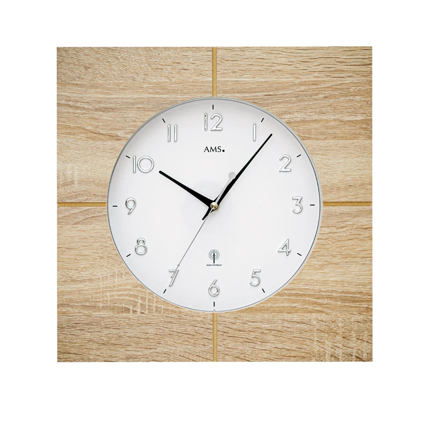 Horloge murale avec cadre rond en bois finition chêne Sonoma, cadran blanc et verre minéral