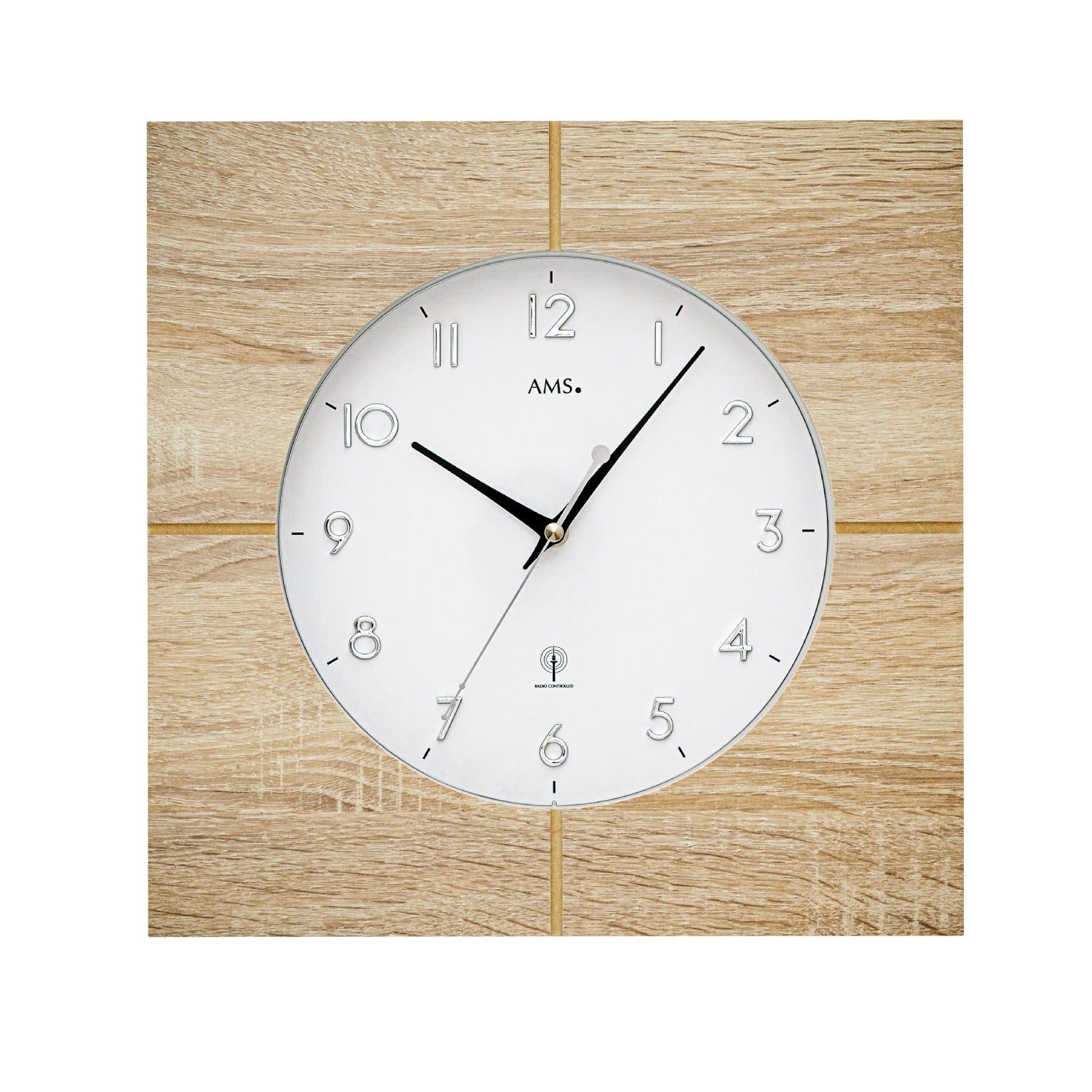 Horloge murale avec cadre rond en bois finition chêne Sonoma, cadran blanc et verre minéral