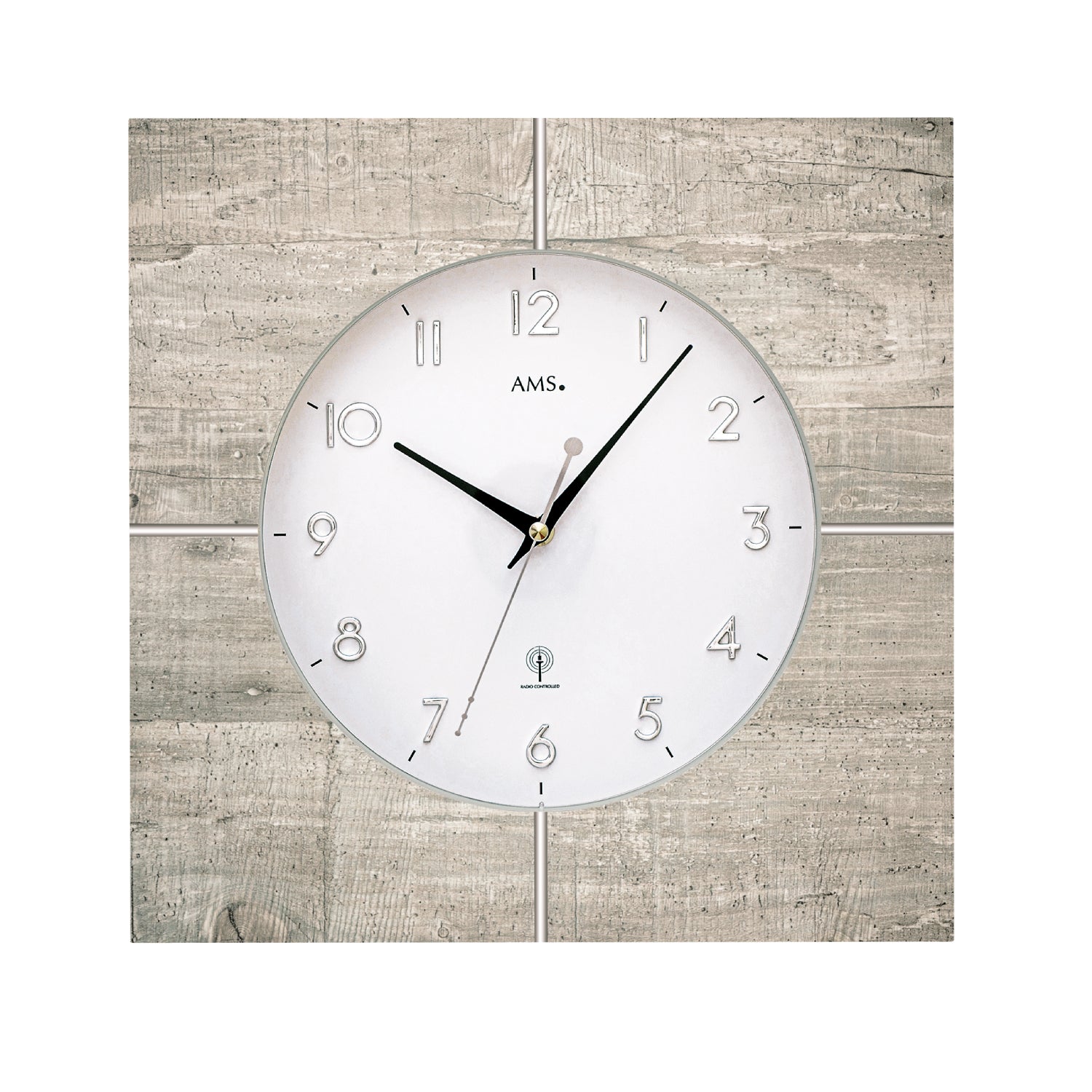 Horloge murale ronde avec structure en béton, cadran blanc et aiguilles noires, AMS