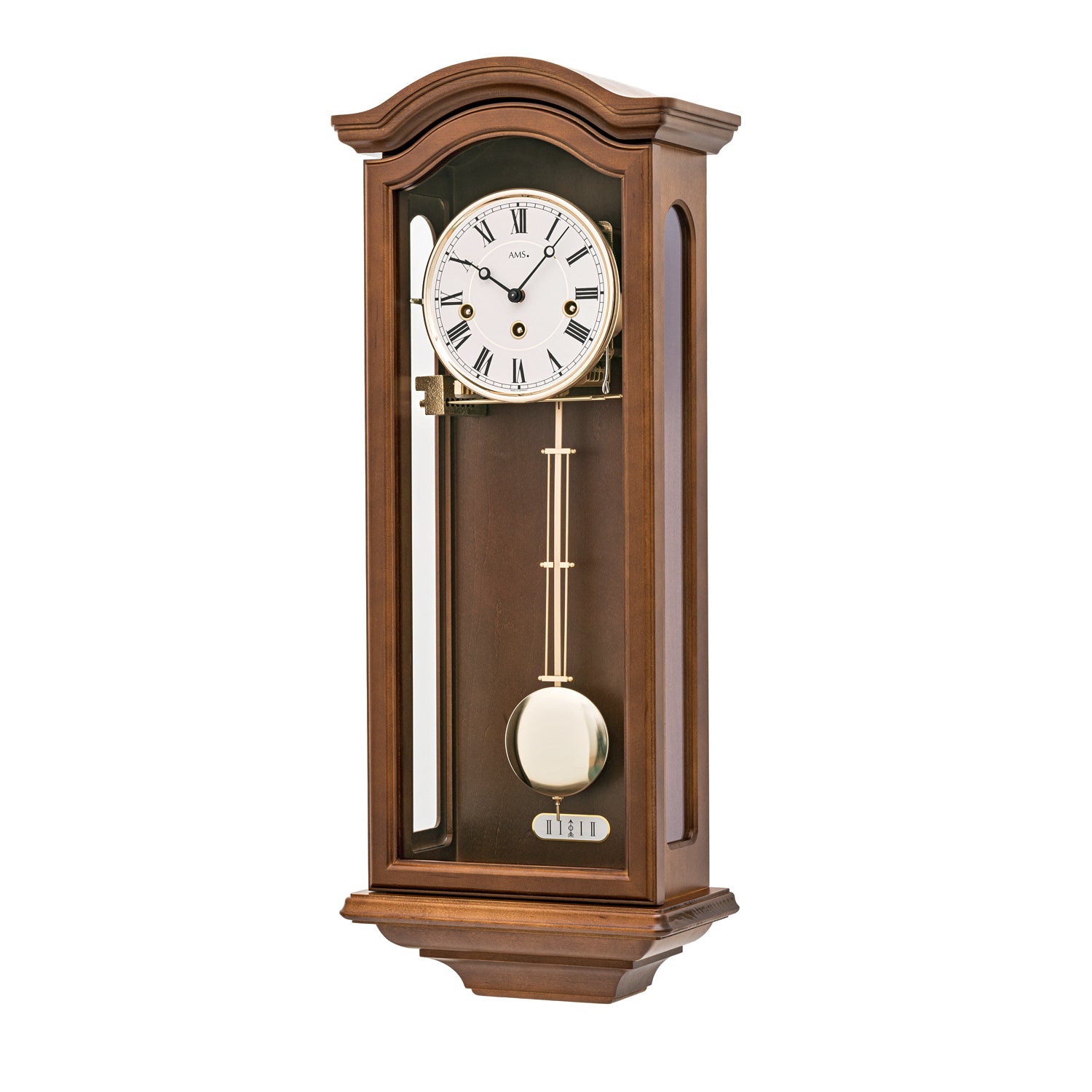 Horloge murale régulateur de couleur noyer avec cadran rond, façade en verre et pendule