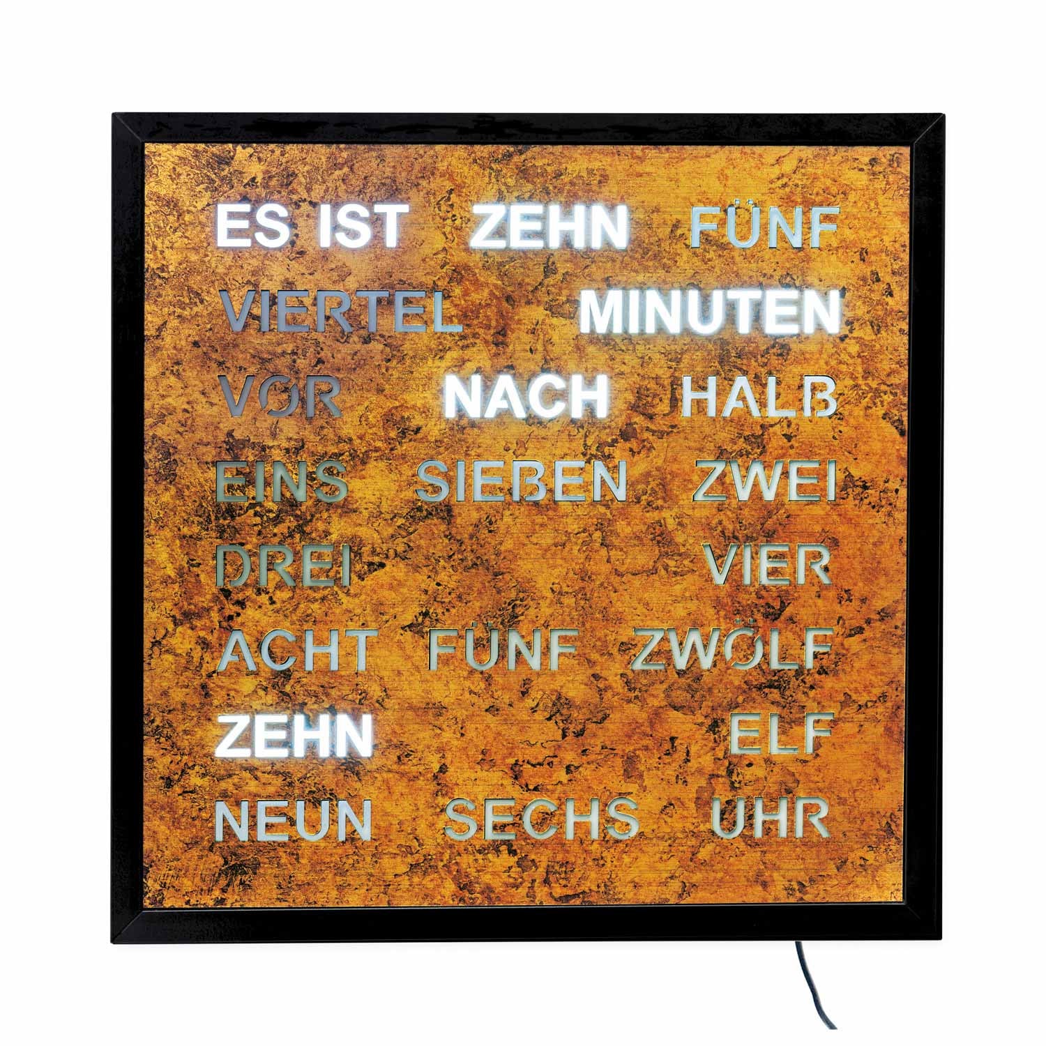 Horloge murale avec affichage de mots LED, cadran brun doré, cadre noir, connexion par câble