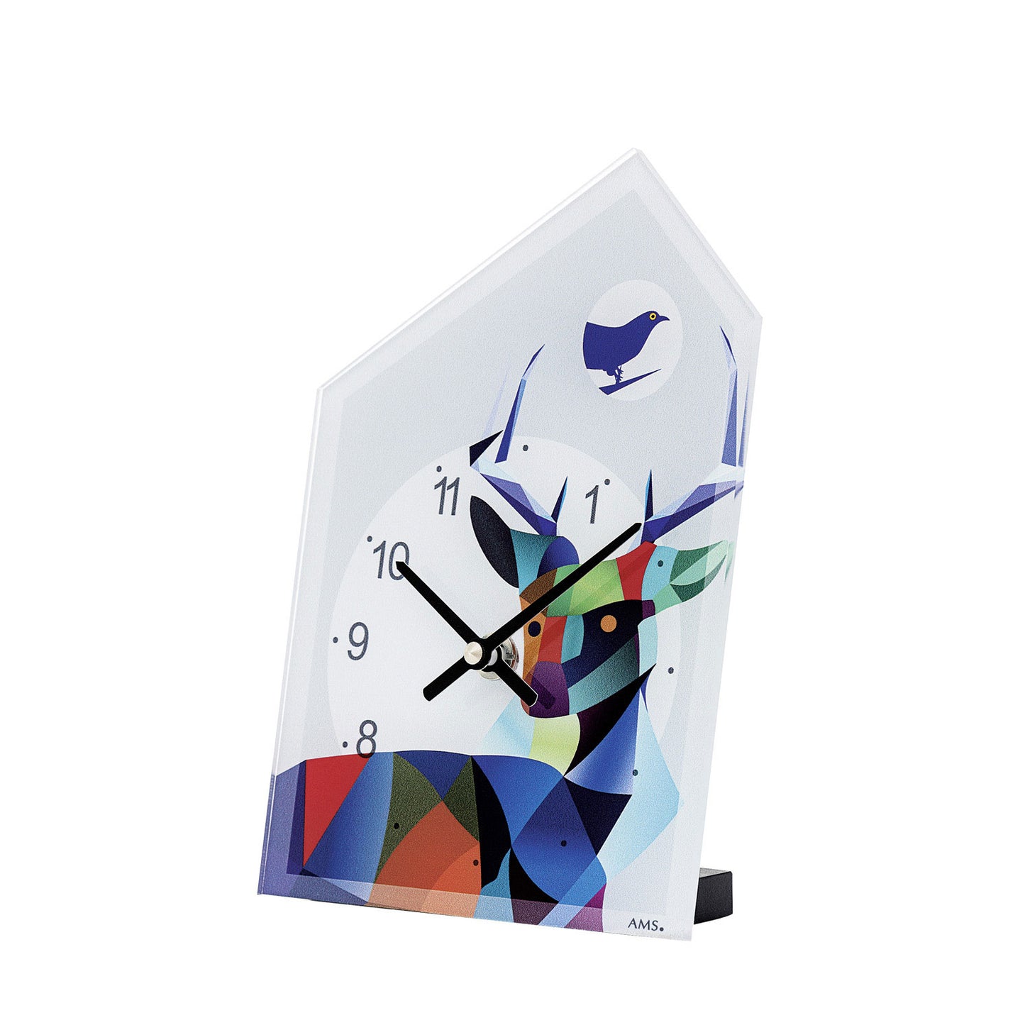 Horloge de table avec cadran abstrait bleu, aiguilles noires, boîtier en acrylique