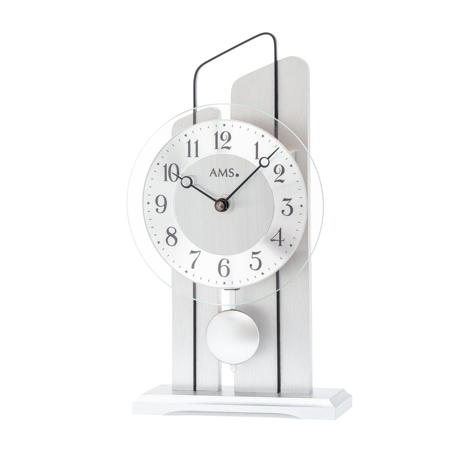 Horloge de table avec cadran rond blanc, AMS, mouvement à pendule et façade en verre