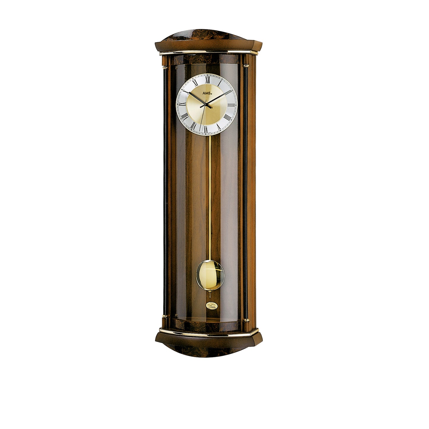 Horloge murale aspect noyer avec cadran rond et balancier apparent