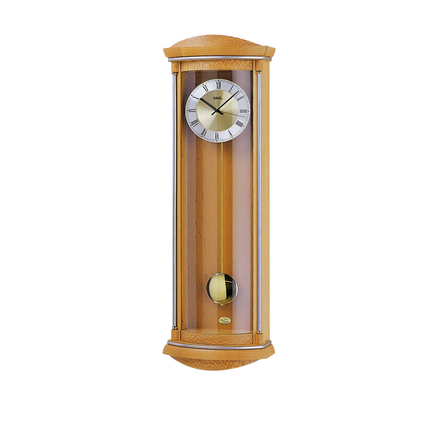 Pendule murale en bois de couleur cuir avec vitre, cadran rond et poids visible en mouvement