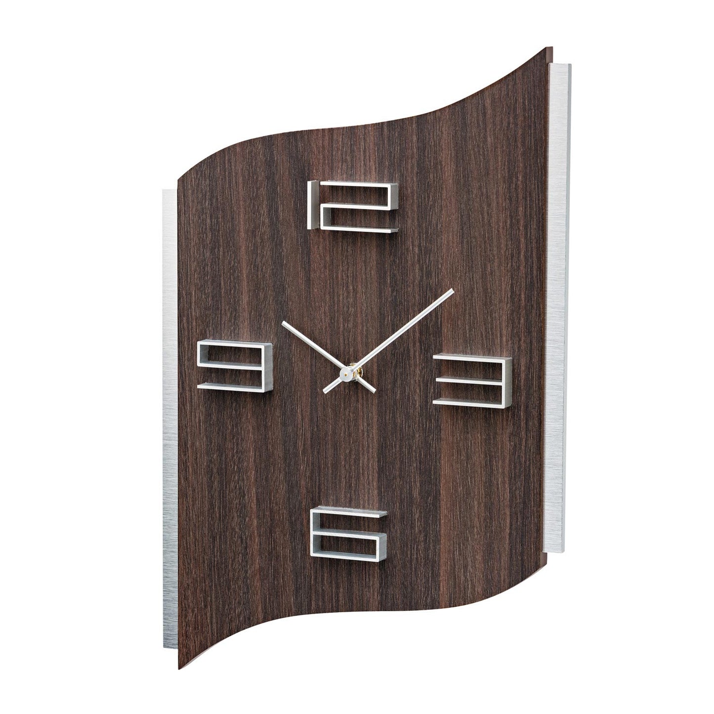 Horloge murale marron avec chiffres en aluminium et cadre incurvé