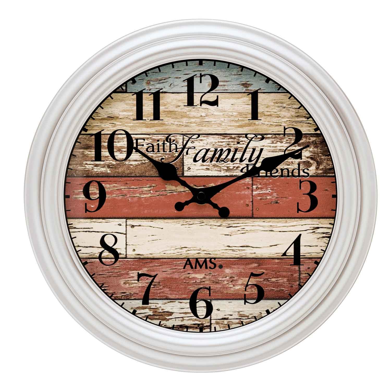 Horloge murale ronde avec boîtier rond en plastique argenté, verre minéral et cadran à grands chiffres