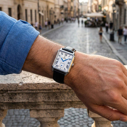 Festina Herrenarmbanduhr am Handgelenk mit schwarzem Lederband und weißem Zifferblatt