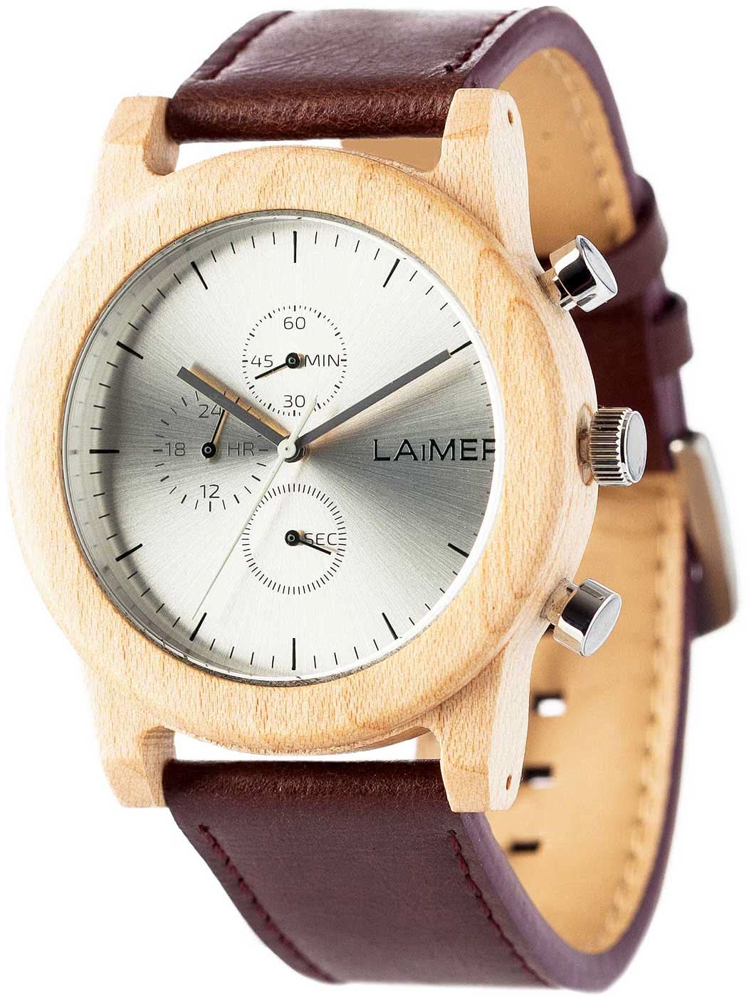 Bracelet de montre pour homme avec boîtier en bois d'érable, bracelet en cuir marron et cadran analogique