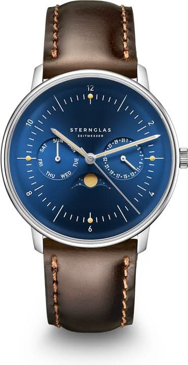 Montre homme avec cadran bleu, bracelet en cuir marron et boîtier argenté