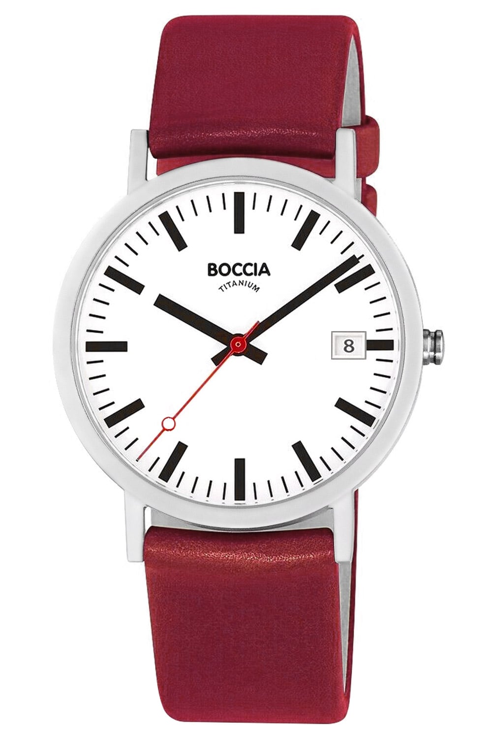 Herrenarmbanduhr Boccia mit silbernem Gehäuse, weißem Zifferblatt und rotem Lederarmband