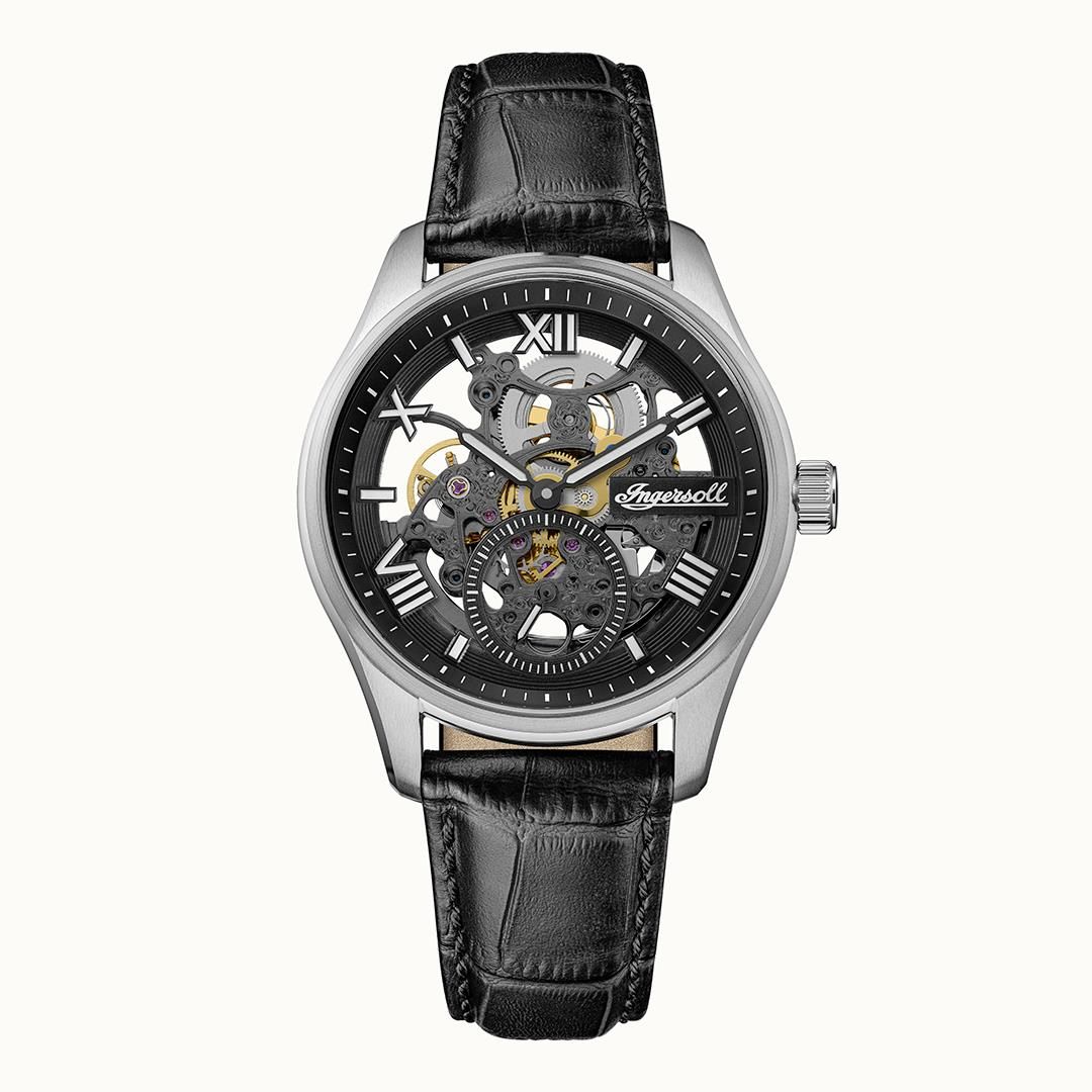 Herrenarmbanduhr Ingersoll mit schwarzem Lederband, schwarzem Zifferblatt und Sichtwerk.