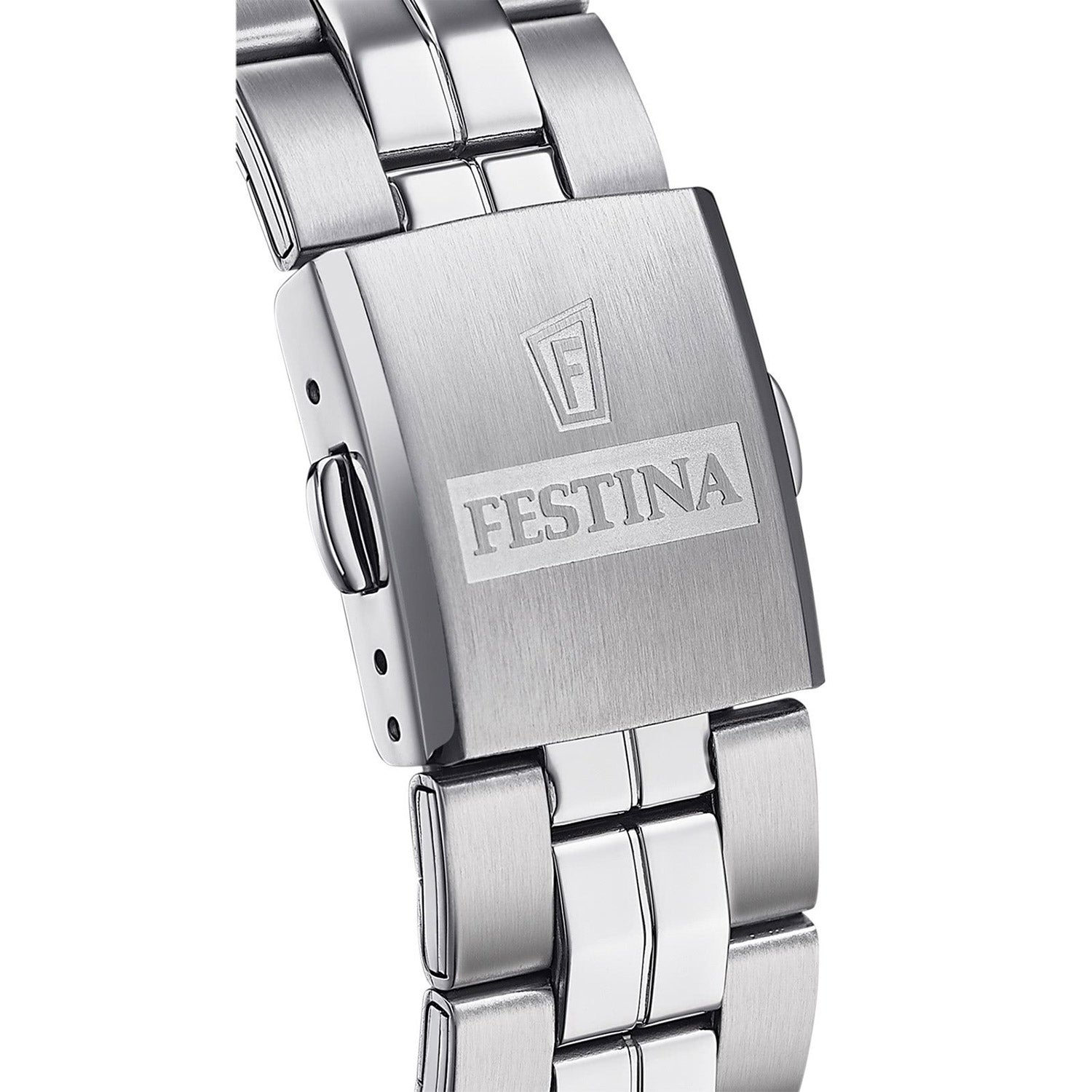 Herrenarmbanduhr: Edelstahlarmband-Detail mit Verschluss und FESTINA-Gravur