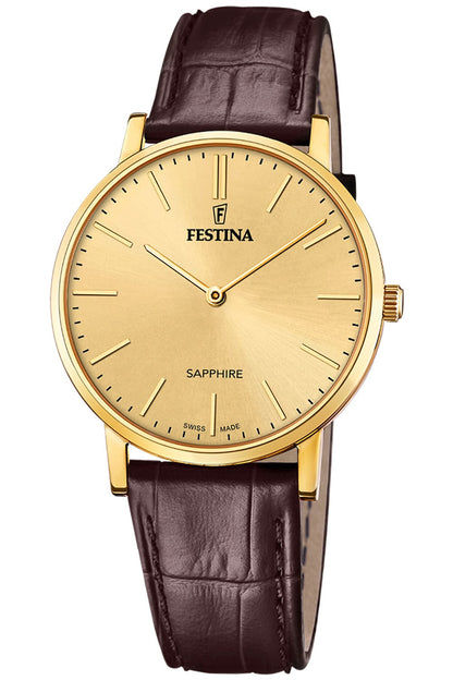 Herrenuhr: rundes Goldgehäuse, braunes Lederarmband, beiges Zifferblatt, Saphirglas