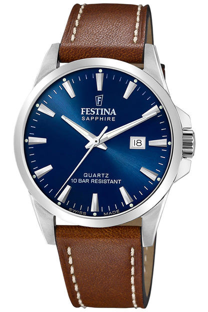 Festina Herrenarmbanduhr mit blauem Zifferblatt, braunem Lederband, Saphirglas, Quarz
