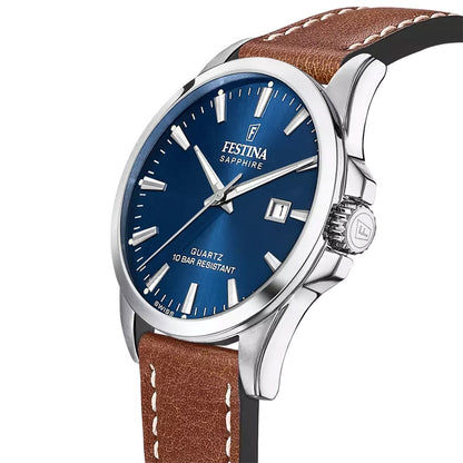 Festina Herrenarmbanduhr, rundes blaues Zifferblatt, braunes Lederband, silbernes Gehäuse