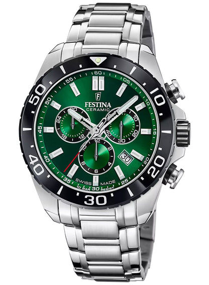 Festina Herren-Chronograph: grünes Zifferblatt, Stahlband, Saphirglas