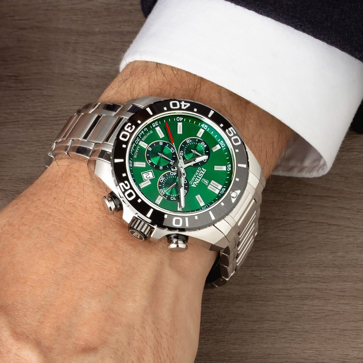 Festina Herren-Chronograph am Handgelenk, grünes Zifferblatt, Edelstahlarmband
