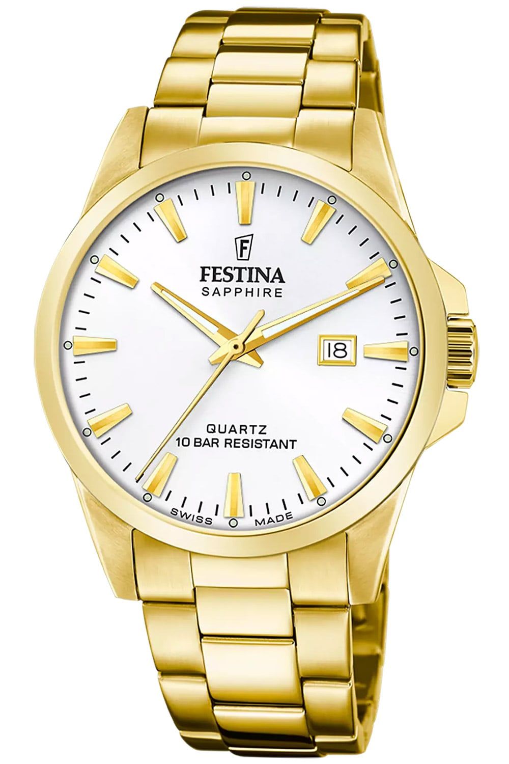 Festina Herrenuhr: goldenes Band, weißes Zifferblatt, Datum 18, Saphirglas