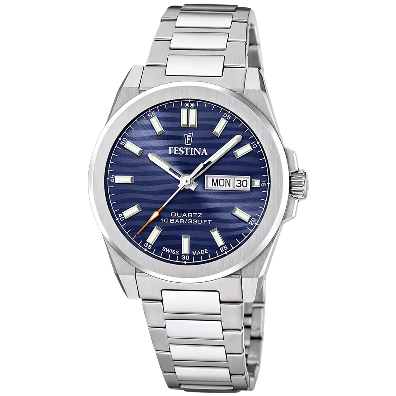 Herrenuhr: blaues Zifferblatt, Edelstahlarmband, Saphirglas, Datumsanzeige MON 30.