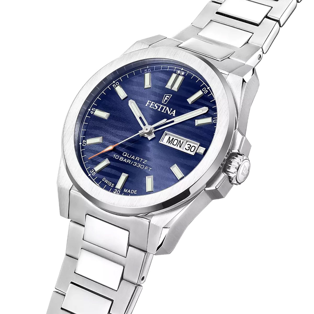 Herrenuhr mit blauem Zifferblatt, Edelstahlgehäuse und -armband, Datumsanzeige MON 30.
