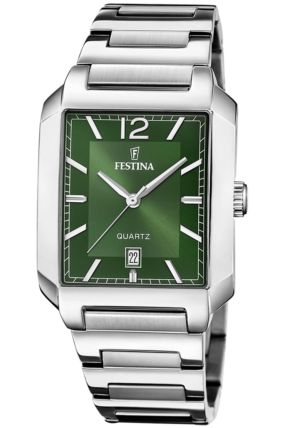 Herrenarmbanduhr Festina: rechteckiges Edelstahlgehäuse, grünes Zifferblatt, Datum 22