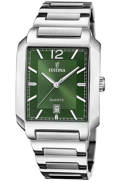 Herrenarmbanduhr Festina: rechteckiges Edelstahlgehäuse, grünes Zifferblatt, Datum 22