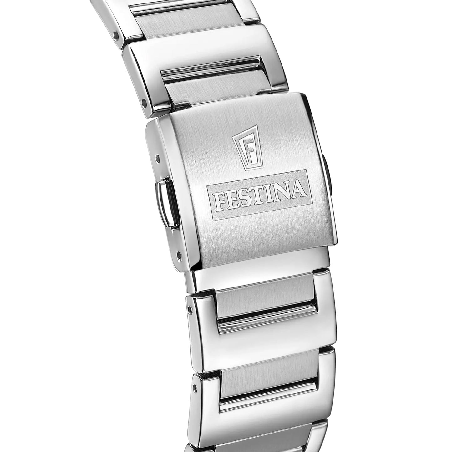 Herrenarmbanduhr Festina mit Edelstahlarmband; Seitenansicht mit „F“- und Festina-Logo