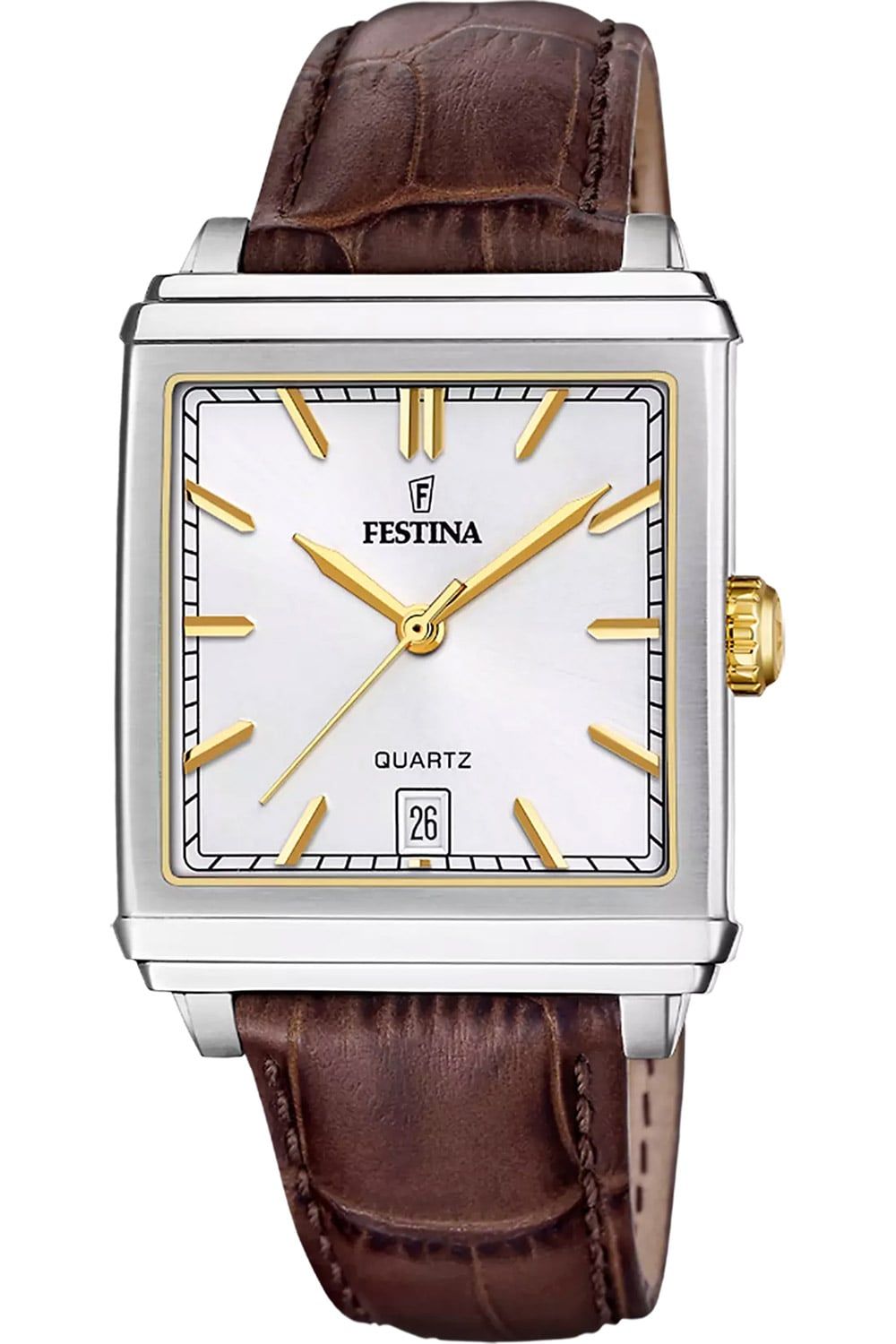 Festina Herrenquarzuhr mit rechteckigem silbernem Gehäuse und braunem Lederarmband, weißem Zifferblatt