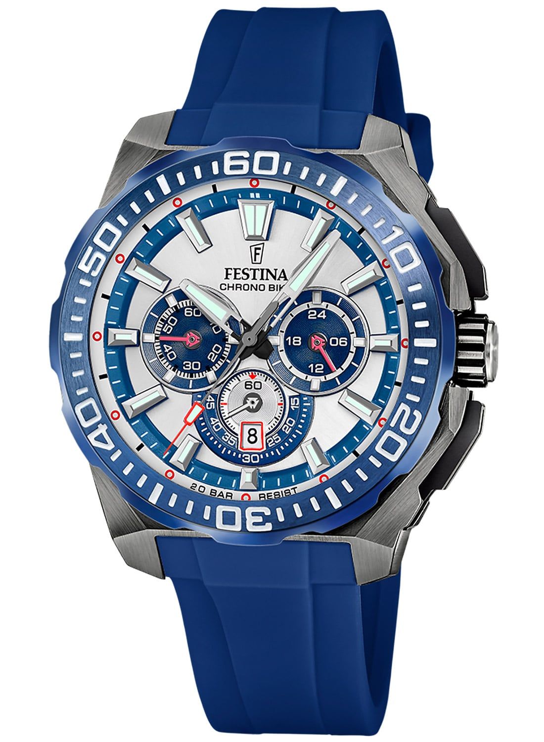 Festina Herren-Chronograph mit blauem Zifferblatt, Edelstahlgehäuse und Silikonband
