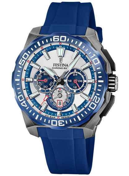 Festina Herren-Chronograph mit blauem Zifferblatt, Edelstahlgehäuse und Silikonband