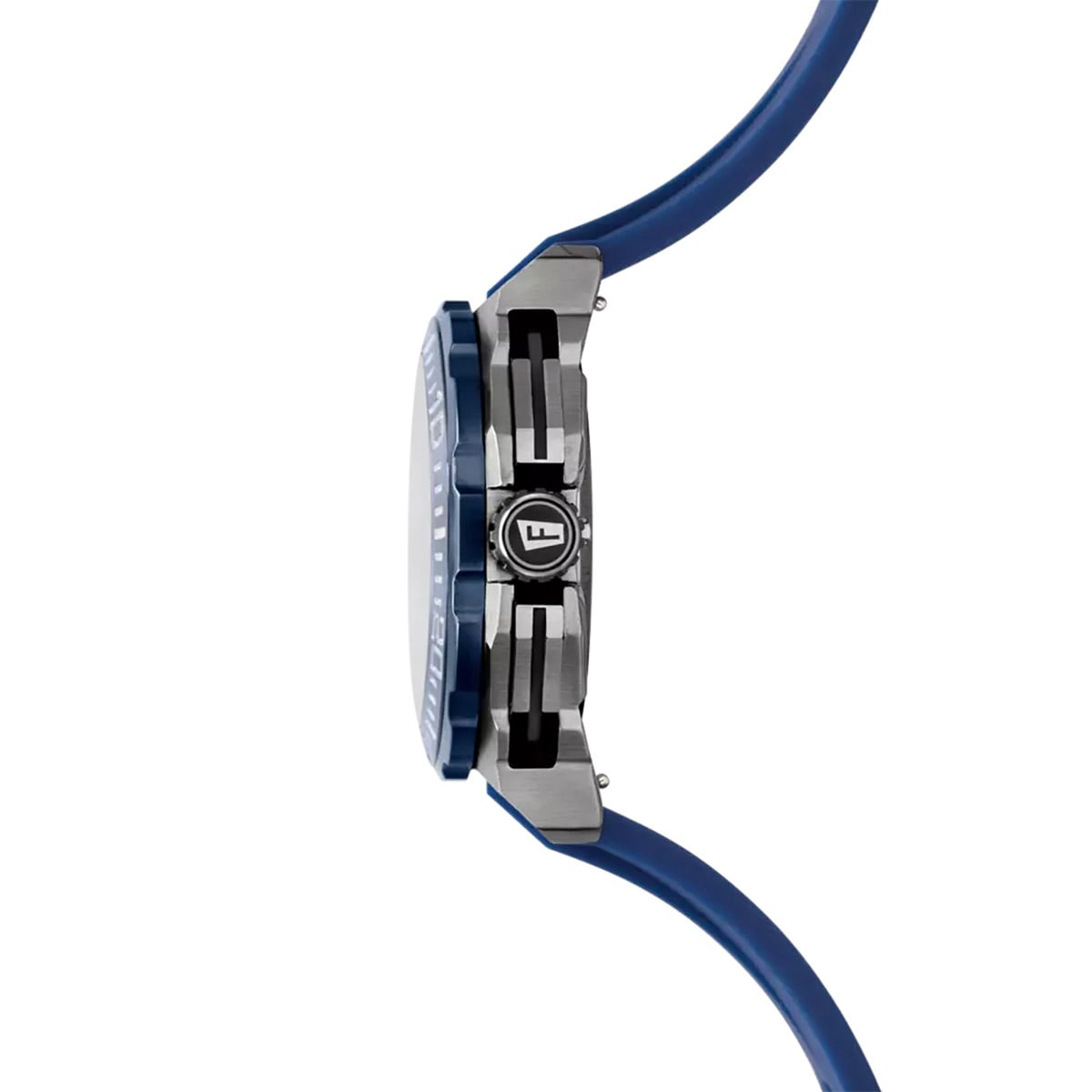 Festina Herren-Chronograph Seitenansicht: blaues Silikonband, Edelstahlgehäuse mit Drückern
