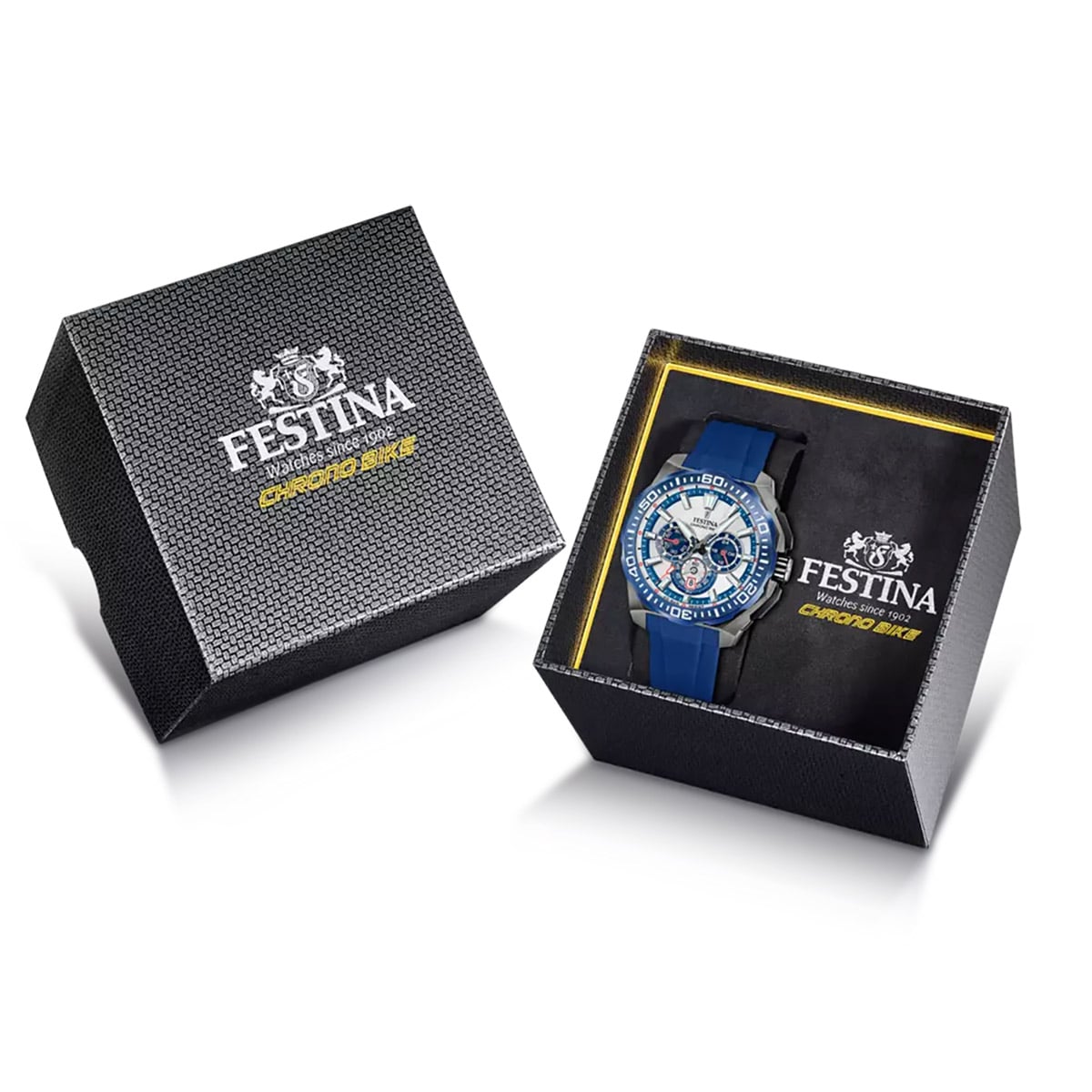 Festina Chronograph in schwarzer Geschenkbox mit blauem Zifferblatt