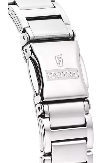 Edelstahlarmband mit Schließe und Gravur, silberfarbene Damenarmbanduhr
