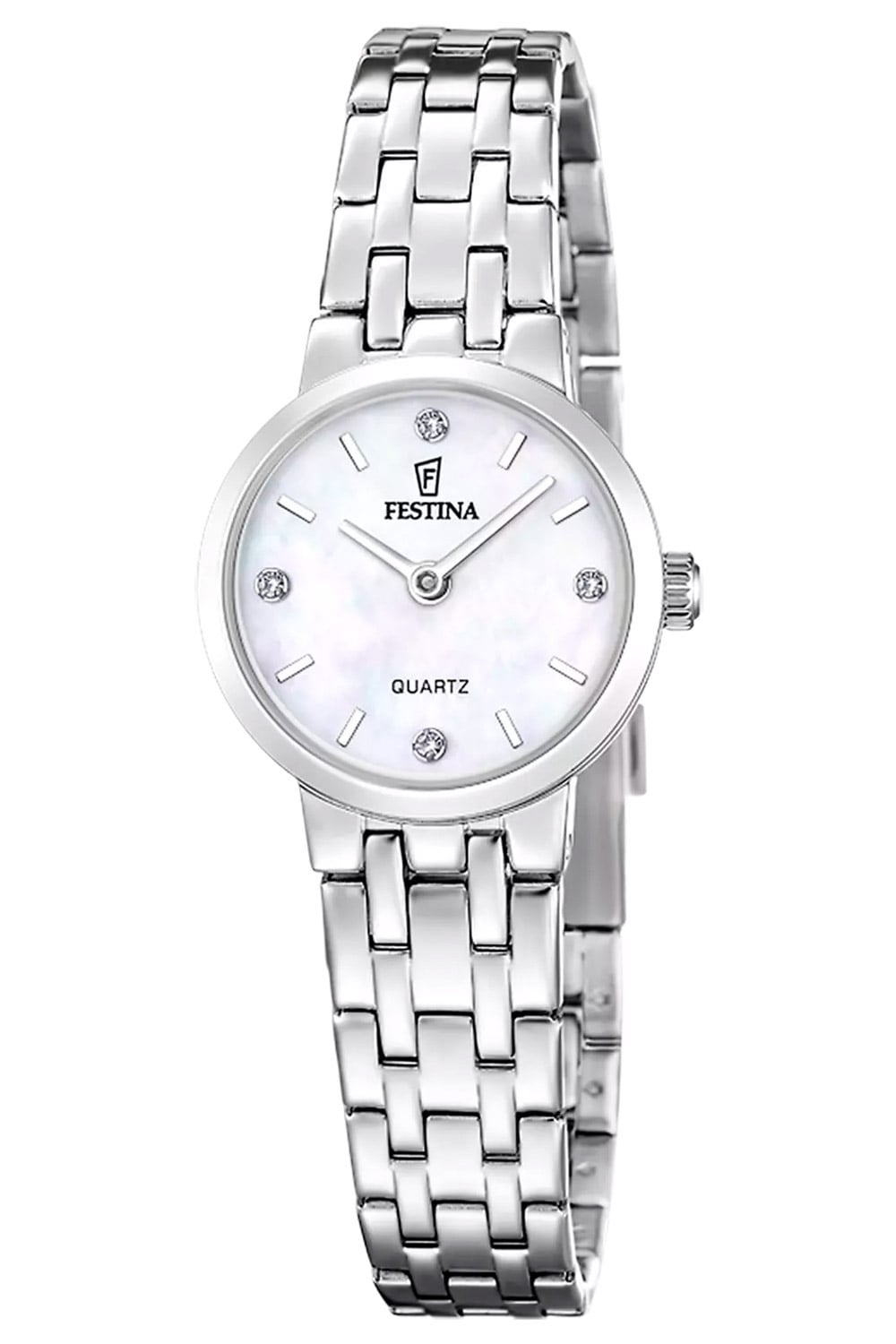 Damenarmbanduhr Festina mit silbernem Edelstahlband, rundem Perlmuttzifferblatt, Quarz