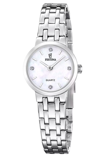Damenarmbanduhr Festina mit silbernem Edelstahlband, rundem Perlmuttzifferblatt, Quarz