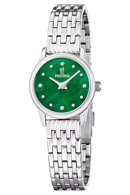 Festina Damenuhr mit grünem Zifferblatt, silbernem Metallarmband und ovalem Gehäuse
