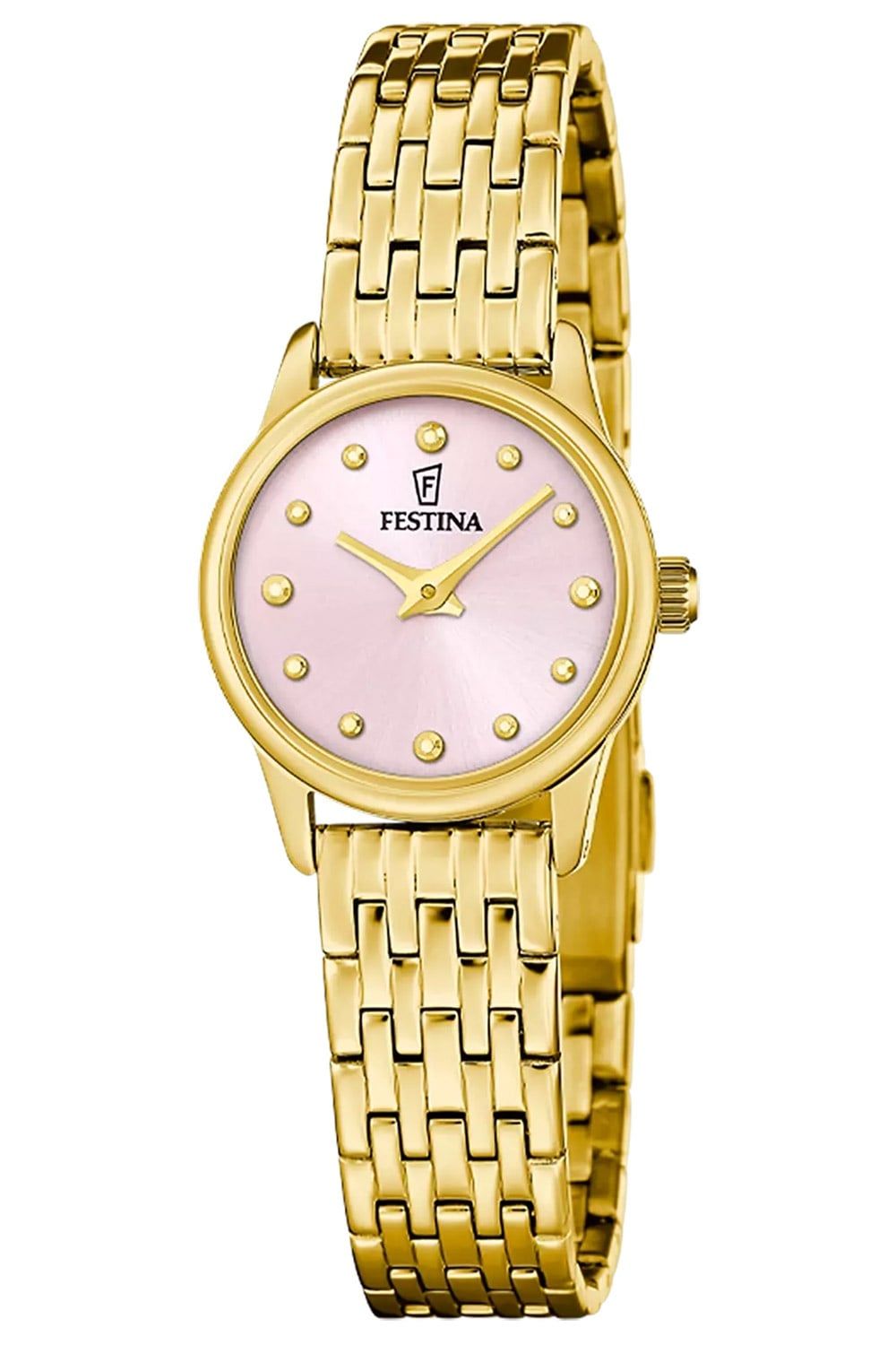 Damenarmbanduhr Festina mit goldenem Metallarmband und rosafarbenem Zifferblatt