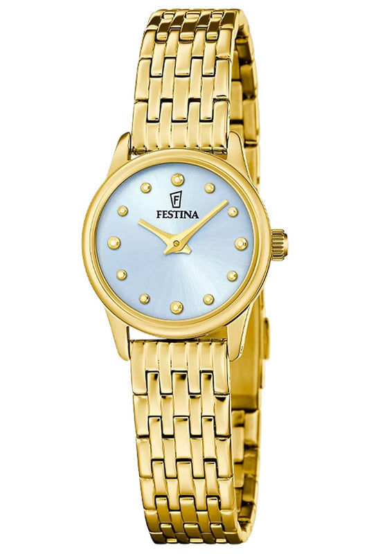 Zegarek damski Festina Mademoiselle ze złotą metalową bransoletą i niebieską tarczą