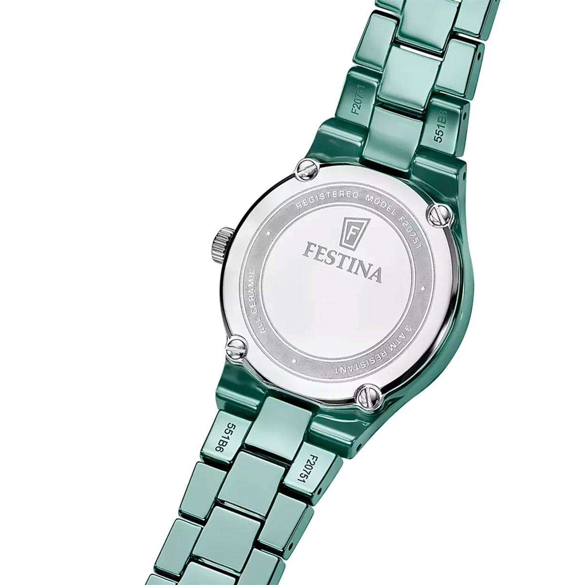 Festina Damenuhr Rückseite mit Metallboden und salbeigrünem Keramikarmband