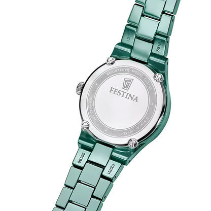 Festina Damenuhr Rückseite mit Metallboden und salbeigrünem Keramikarmband