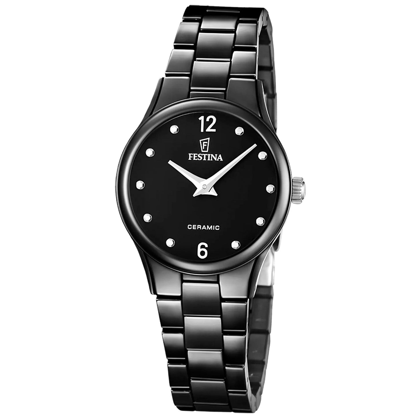 Festina Damenuhr: schwarzes Keramikarmband, schwarzes Zifferblatt, runde Lünette