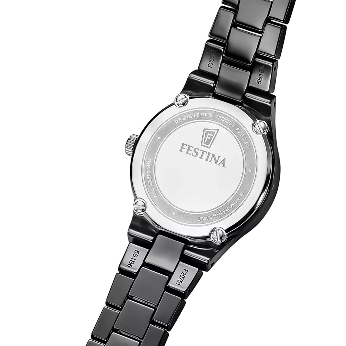 Festina Damenuhr Rückseite mit eingraviertem Logo, schwarzes Keramikarmband