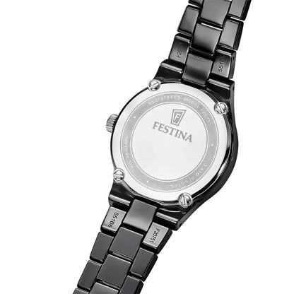 Festina Damenuhr Rückseite mit eingraviertem Logo, schwarzes Keramikarmband