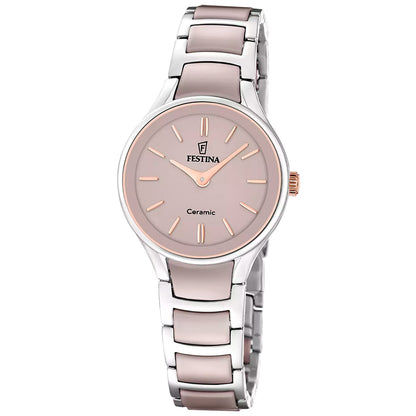 Festina Damen-Armbanduhr mit rosafarbenem Keramikzifferblatt und Edelstahlband