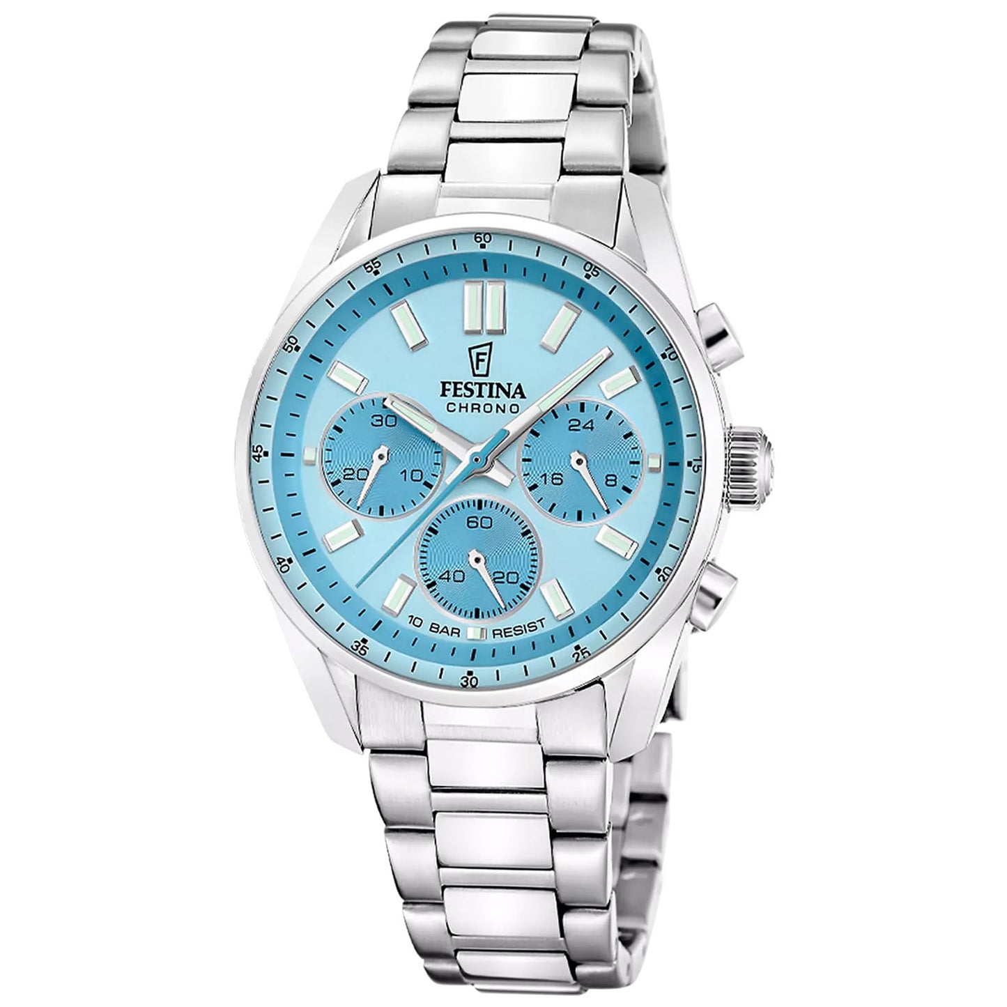 Festina Boyfriend Chronograph Armbanduhr mit azurblauem Zifferblatt und Edelstahlband